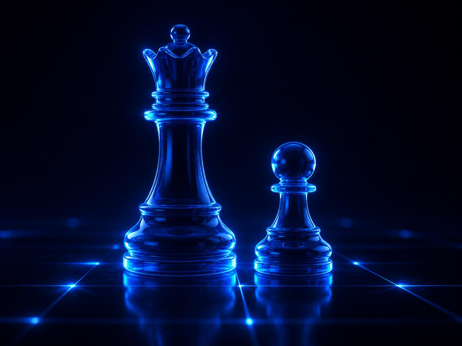 XChess brand visual: glass chess queen and pawn lit in blue